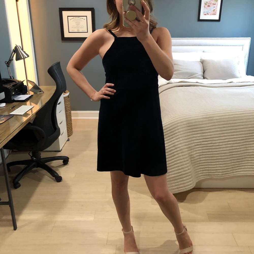 Bardot Midnight Navy Stretchy Velvet Square Neck 90s style Mini Dress 2